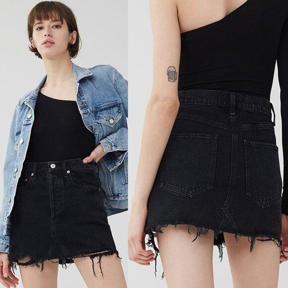 AGOLDE Quinn High Rise Distressed Denim Skirt in Black Size 26